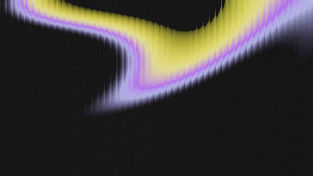 Abstract textured background with flowing curved wave shape, yellow, violet, and pale lavender gradient, grainy noise texture, vertical glitch grooves and streaks over deep black backdrop. 