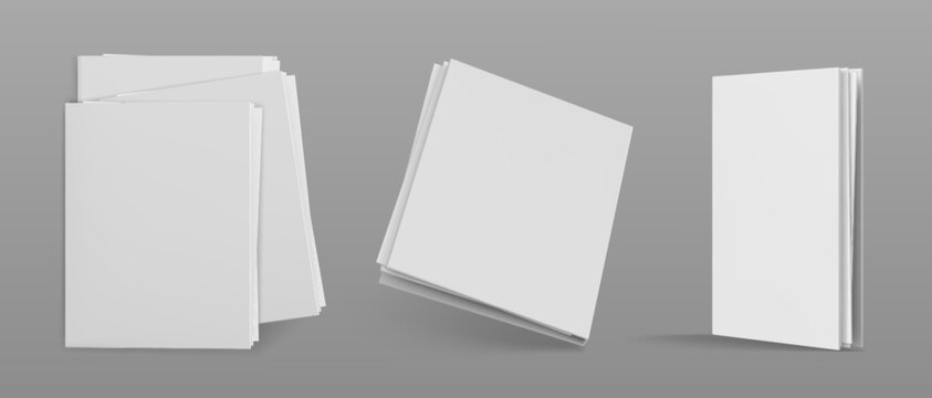 Realistic set of white folder mockups with paper documents inside. Vector illustration of clean blank 3d template for company brochure, catalog or office file presentation, corporate branding layout