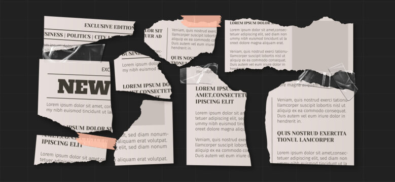 Pieces of vintage newspaper clippings with torn edges and aged paper texture. 3d vector set of old sheets with realistic surface, grunge collage on black background, journal page with sticky tape
