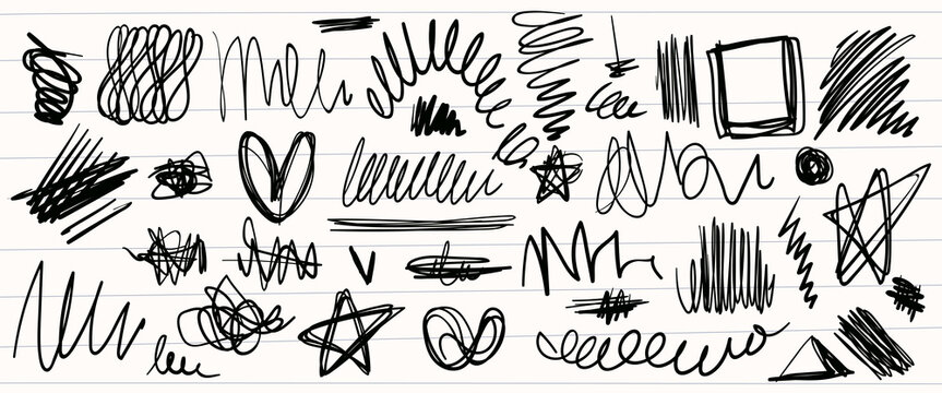Hand drawn scratches, squiggly pen marks and scribble doodles on lined paper page background. Vector realistic pack of abstract brush strokes, pencil sketches, black marker elements for school design