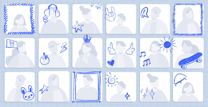School yearbook mockup with blue cute hand drawn doodle icons. Vector grid page background for funny photo album, template for playful joke sketch borders for university or school graduation portraits