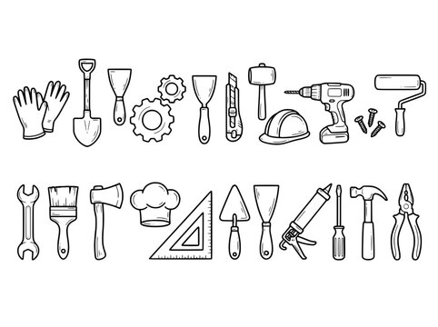 Construction tool icons set, hand drawn doodle repair equipment, black and white industrial hardware vector collection