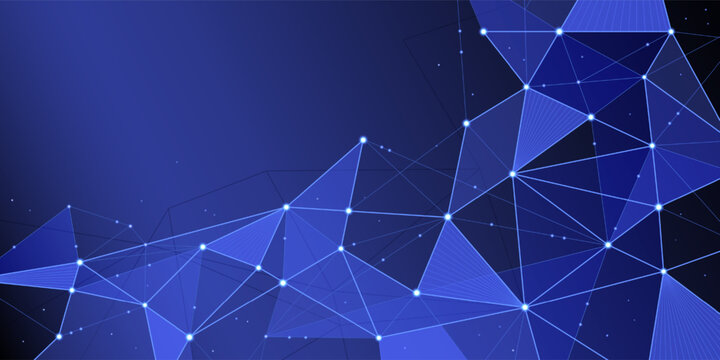 Futuristic network background with connected glowing dots and lines, neon blue poligonal pattern. Vector digital banner, cyber mesh with abstract geometric shapes, global system graphic design