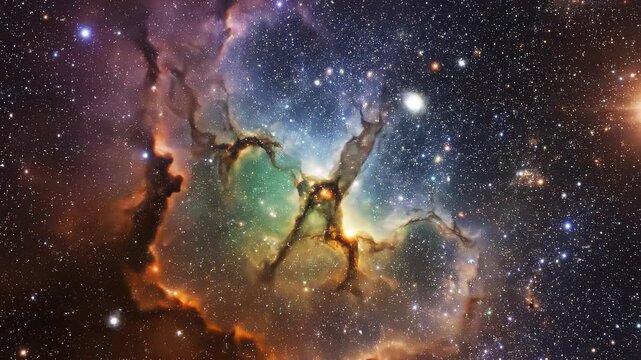 Nebula transformation with evolving light and color during cosmic expansion against a dark backdrop