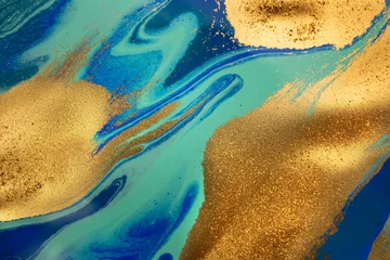 Abstract wave blue and gold marble background. Original Hand-drawn artwork made with ink on paper © Anna Babii