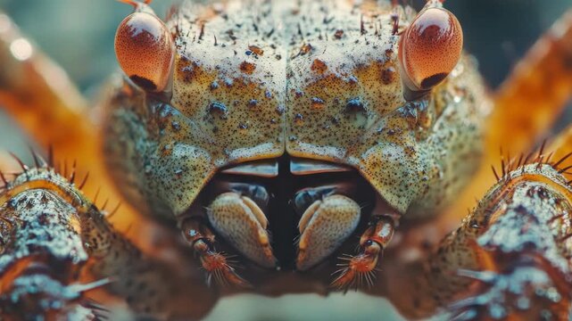 Macro Close-up of a Crab's Face with Textured Carapace and Orange Eyes