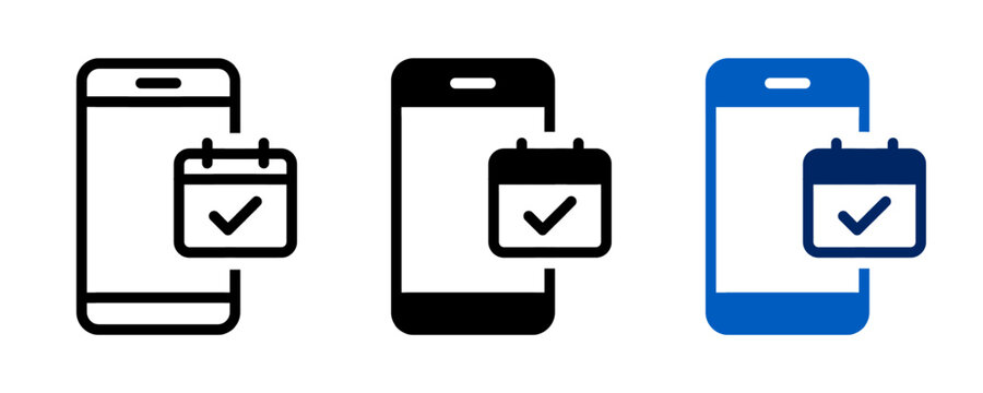Calendar with checkmark on mobile phone icon set. Business plan schedule, reminder, time management, task completion symbol, meeting deadlines, event scheduling, organizer event, important date