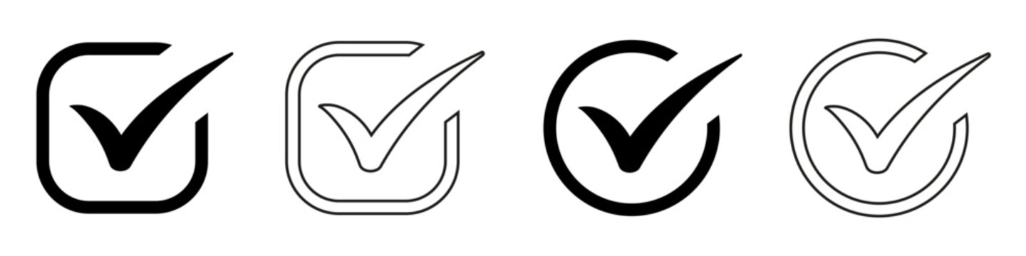 Check mark icon, set approve tick in circles and square frame, right or correct buttons, tick box