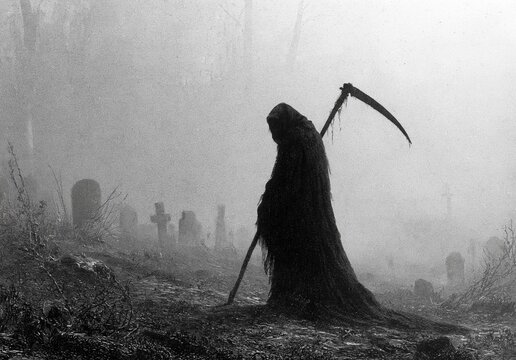 A vintage ink etching illustration of the grim reaper with a scythe in a neglected cemetery. Baroque ornamentation and a dark mood create a striking gothic design asset for Halloween.