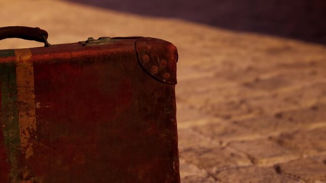 A worn suitcase rests on a cobblestone street as warm evening light bathes the scene. The suitcase shows signs of age and has colorful stripes on its surface.