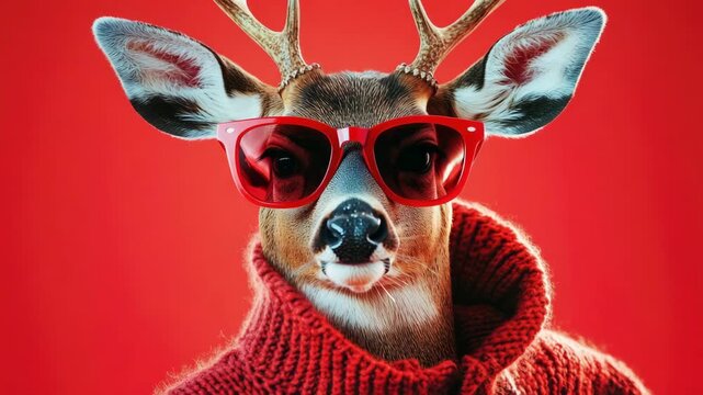 Portrait of a Deer Wearing Red Sunglasses and a Knitted Sweater