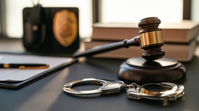 A judge"s gavel rests on a desk next to a pair of handcuffs, symbolizing law enforcement and justice.