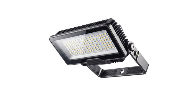 Industrial LED floodlight with black aluminum housing, powerful outdoor security lamp, high-performance stadium lighting fixture isolated PNG with Transparent Background