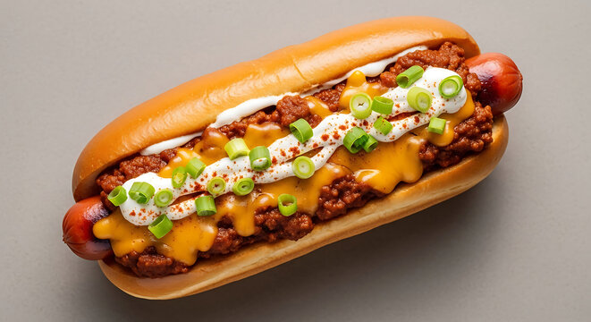 Gourmet chili cheese hot dog with green onions, drizzled sour cream, on grey background