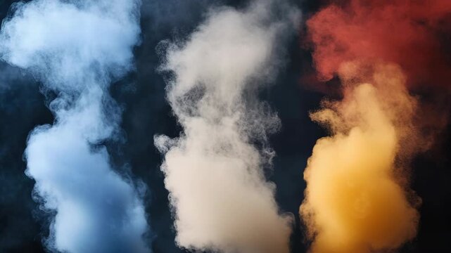 Colorful smoke plumes in blue, white, and yellow against black background