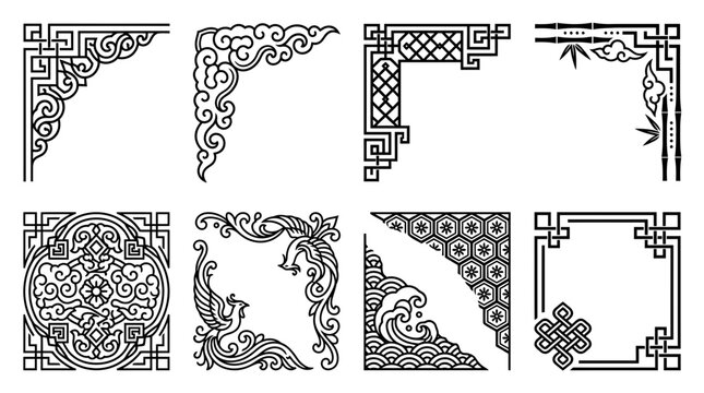 Set of traditional Asian decorative corner frames and borders with intricate oriental patterns.