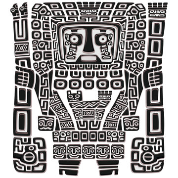 Gate of the Sun Tiwanaku Viracocha Staff God Vector Illustration, Pre-Columbian Viracocha Deity Icon, Ancient Andean Civilization Culture Relief Emblem from Bolivia.


