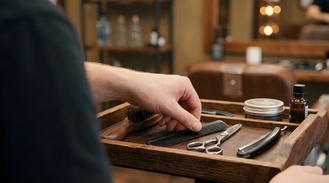 Barber hand picking up a professional hair comb from a wooden salon tray