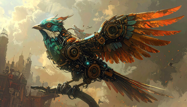 Intricate steampunk bird with vibrant turquoise and orange feathers, mechanical gears, perched on a branch against a dramatic industrial cityscape.