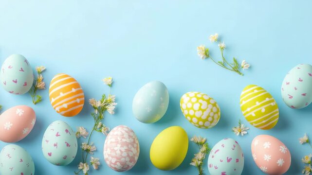 Decorated Easter Eggs in Pastel Colors on Light Blue Background