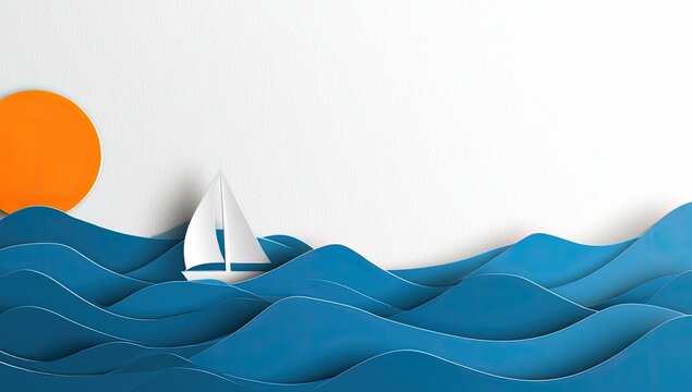 Papercraft sailboat sails on blue waves under a bright orange sun