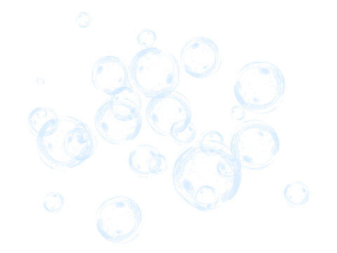 Transparent soapy bubbles and water drops cluster on black background