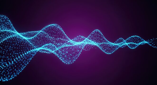 A dynamic digital visualization featuring flowing waves of glowing particles and connected dots representing high tech data structures, design, technology, space