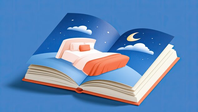 Open storybook with a cozy bed and starry night scene on pages