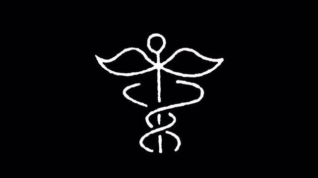 Animation of the Caduceus medical symbol drawing itself on a black background.