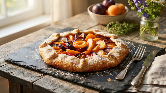 Homemade rustic stone fruit galette with fresh peaches and plums on wooden board