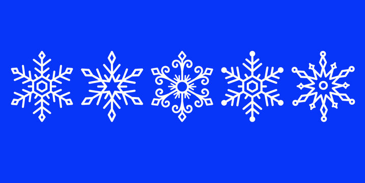 Collection of decorative white snowflakes on bright blue background. Winter holiday design for Christmas cards, wrapping, posters, invitations, social media and seasonal branding.
