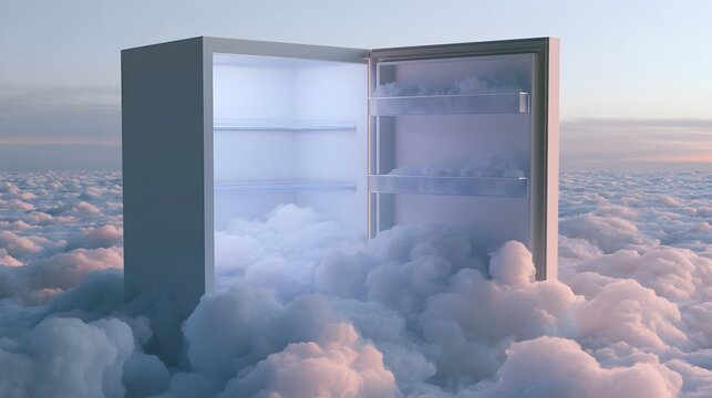 An open refrigerator stands amidst a sea of fluffy clouds under a soft pastel sky  creating a surreal and dreamlike scene