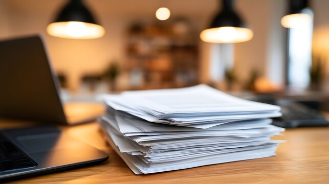 Stack of papers sits beside a laptop on a wooden desk under warm overhead lighting in a modern office setting