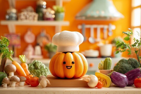 Cute Pumpkin Wearing Chef Hat Surrounded by Fresh Vegetables on Kitchen Counter