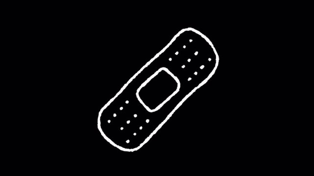 Hand drawn doodle animation of a medical bandage appearing on a black background.