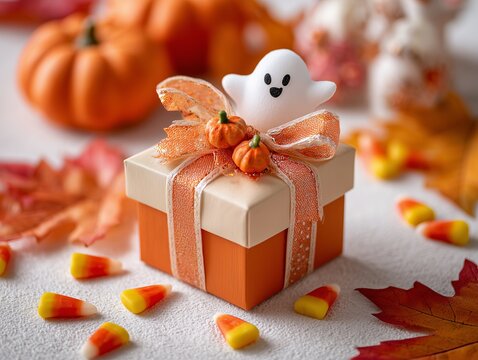 Elegant Halloween Gift Box Wrapped in Ribbon with Small Ghost and Candy Corn