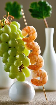 Appetizer with shrimp and grapes on a skewer against a blurred background