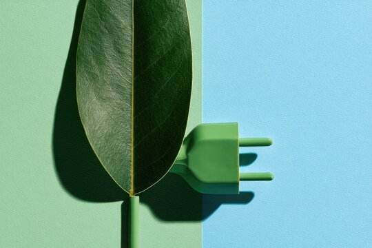 Green leaf partially covers a green electrical plug against split blue and green backgrounds