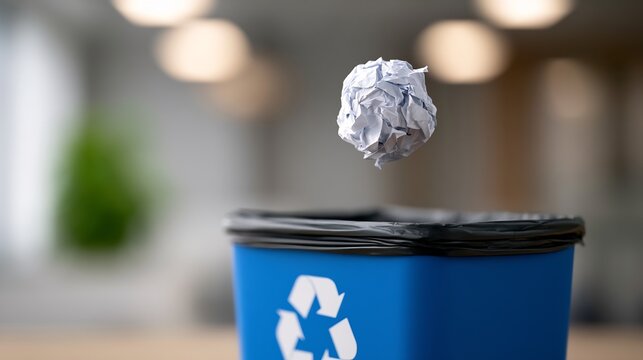 Crumpled white paper ball falling into blue recycling bin in office - sustainable waste management
