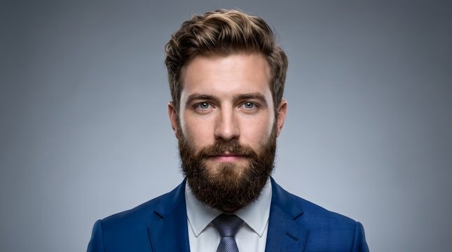 Professional man with groomed beard wears blue suit and silver tie.