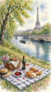 Romantic Paris Picnic by Seine with Eiffel Tower View