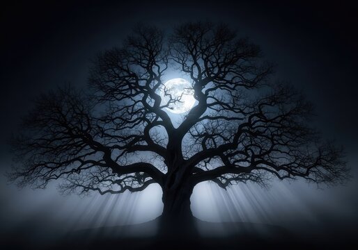 A majestic gnarled tree looms against a dark midnight sky, illuminated by the ethereal glow of a full moon amidst swirling evening mist, scenery, organic, botanical