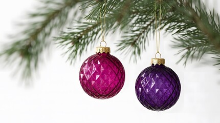 Obraz premium Two sparkling pink and purple christmas baubles hanging on a pine tree branch to wish you merry chistmas