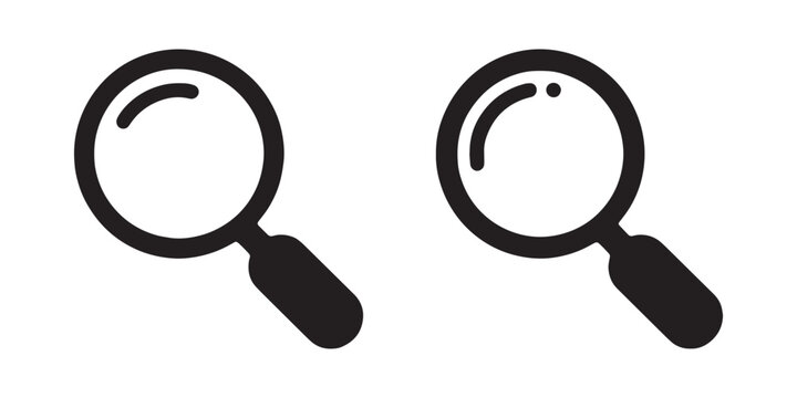 Black magnifying glass icons set on transparent background for search web discovery and inspection.