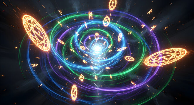 Magic portal with swirling neon energy trails and glowing arcane runes in dark space