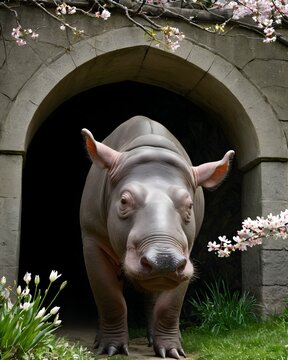 A babirusa pig hybrid fictional species, digitally created animal, in a spring blossom archway