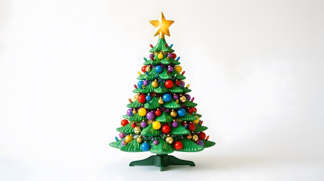 A beautifully decorated green christmas tree with colorful ornaments and a bright golden star for merry chistmas celebration