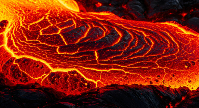 Glowing molten lava flow cooling on dark volcanic rock with bright orange cracks