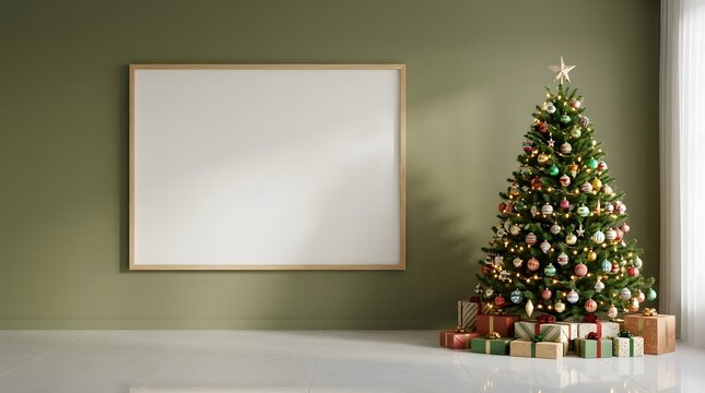 A blank picture frame on a wall next to a decorated christmas tree for a merry chistmas interior design