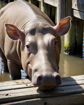 A fawn babirusa pig hybrid fictional species, digitally created animal,  in a rotting wooden pier